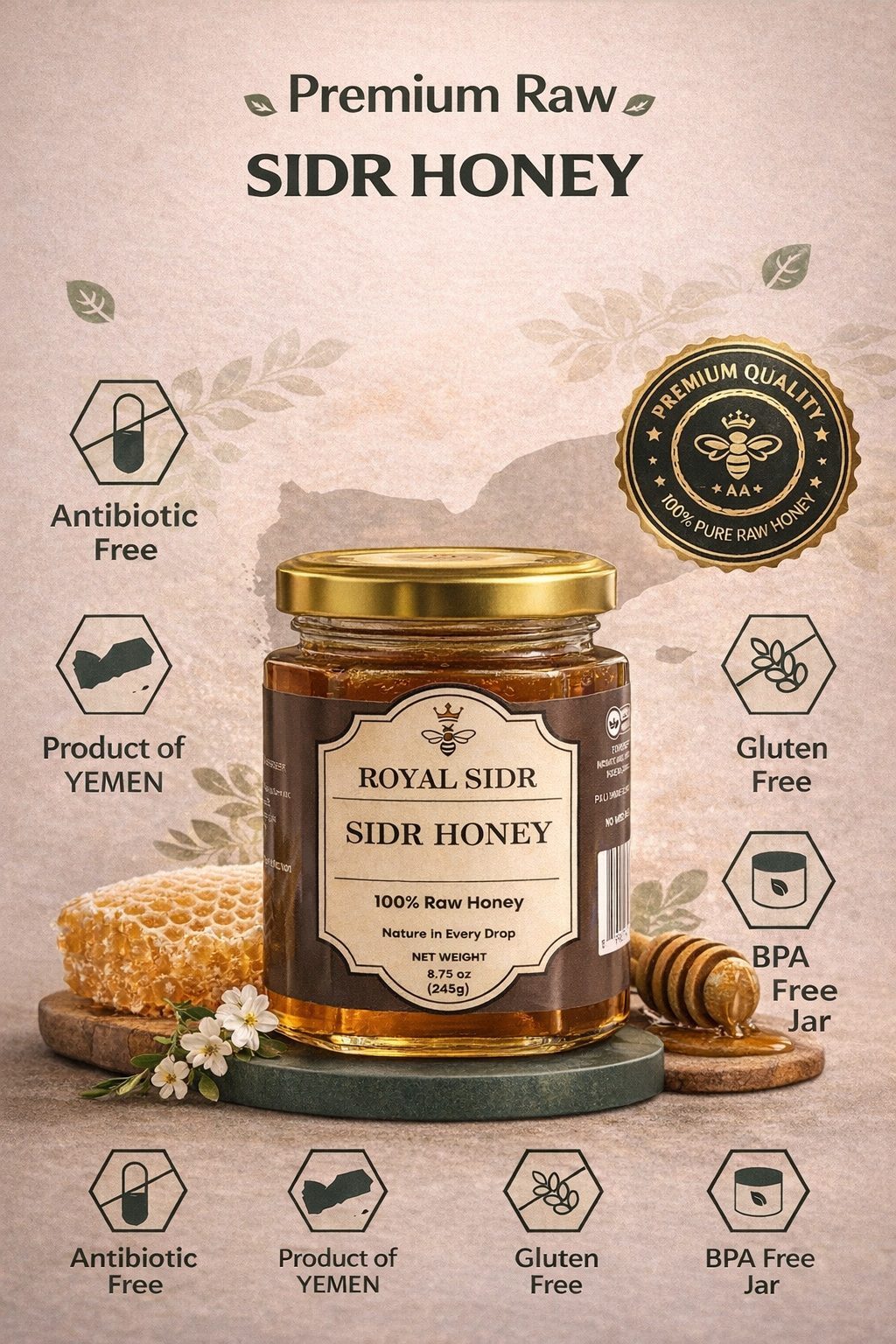 Sidr Honey (245g) – Grade A Raw Yemeni Honey